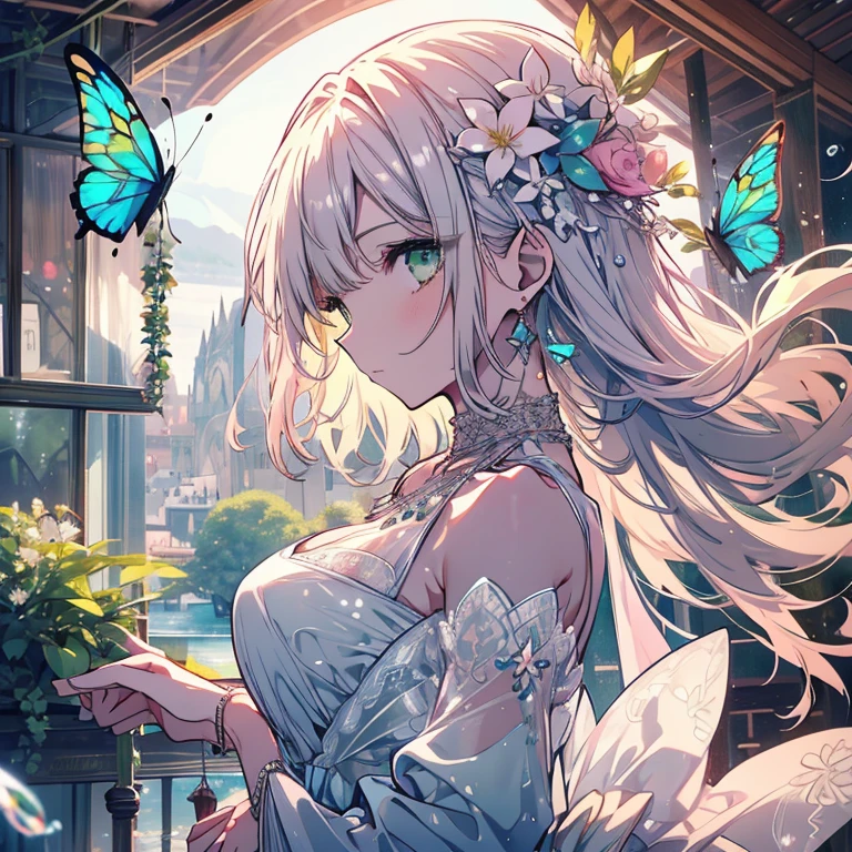 1 person、mature、Ample breasts、Long Hair、Emerald green eyes、profile、dress、Shoulder Bare、gem、necklace、Earrings、bracelet、Lace fabric、prism、Globe algae、Globe algaeの妖精、lake、Natural light、Pink Flower、Butterflies fluttering、Soap bubble、High resolution、Highest quality