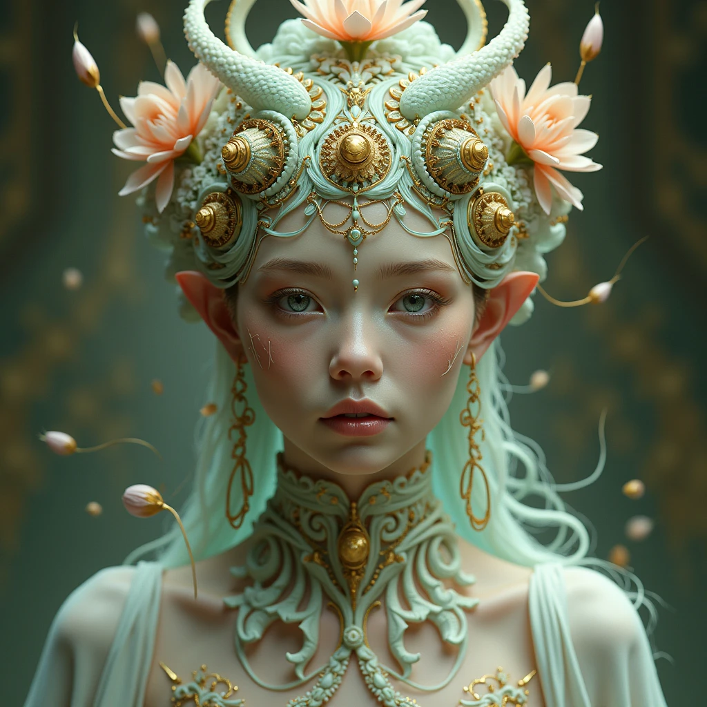 portrait of the ethereal goddess, Intricate, elegant, Very detailed, Digital paint, art station, Conceptual art, seeds, sharp focus, illustration, art by artgerm and greg rutkowski and alphonse Mucha and William - Adolphe Bouguereau and Stephanie Law , epic real background, large royal crown untrimmed, royal jewels, robotic, nature, full shot, symmetrical, Greg Rutkowski, charlie bowater, Beeple, Unreal 5, Hyper realistic, dynamic lighting, Fantasy Art