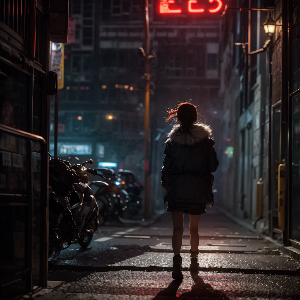 xuer flies over,  1girl, (dramatic, gritty, intense:1.4), city,

