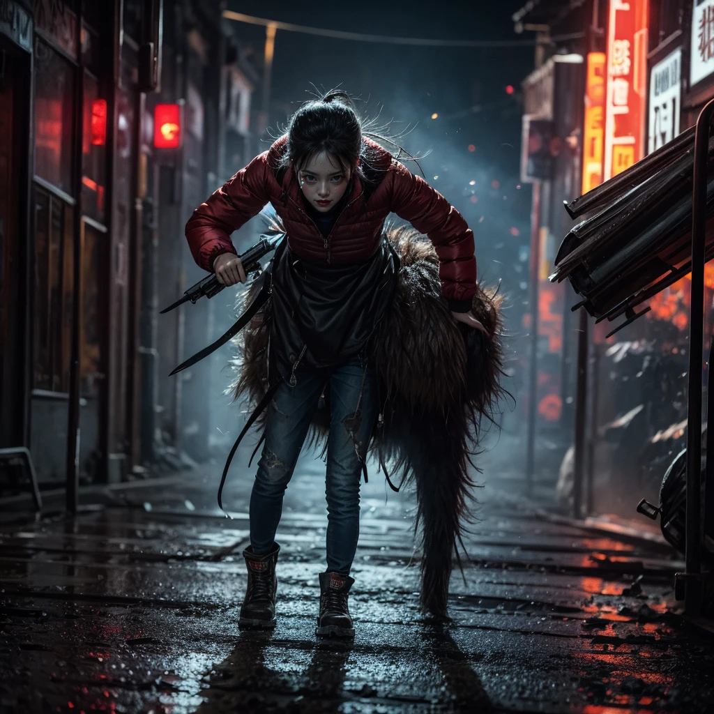 xuer flies over, 1girl, (dramatic, gritty, intense:1.4), city,