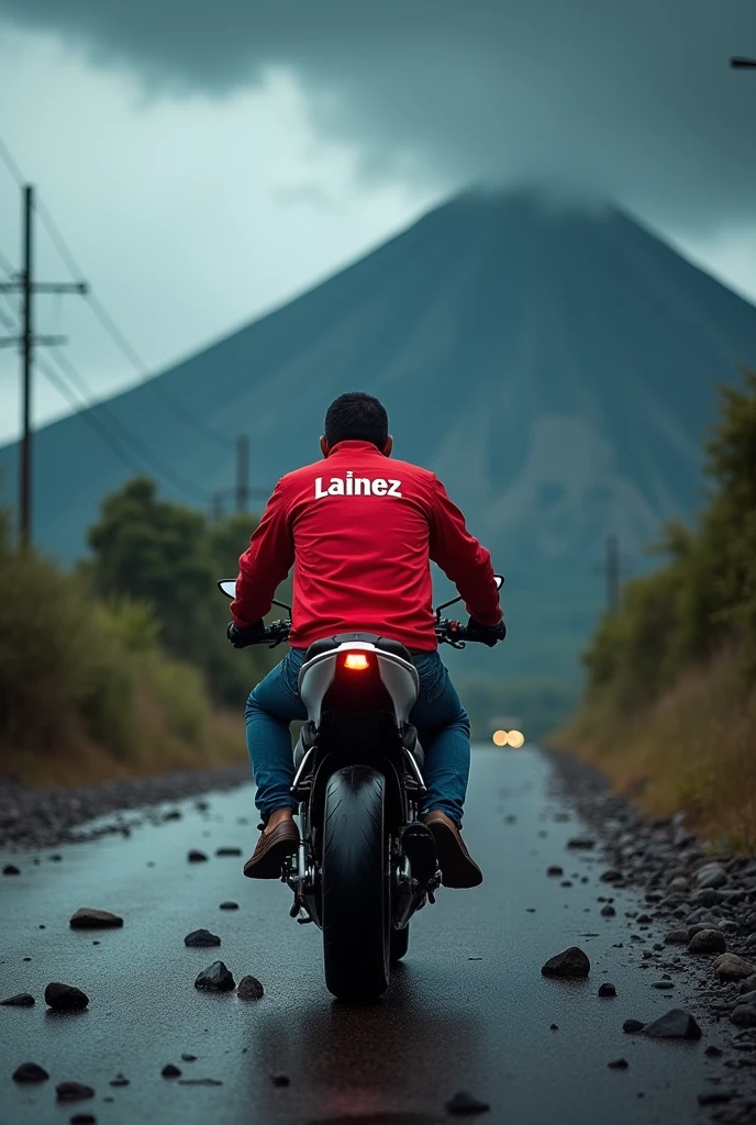 A man in El Salvador with a white Suzuki Gixer 250 SF motorcycle with the red jacket saying Lainez while driving on a street full of stones and going from a volcano in a thunderstorm from behind
