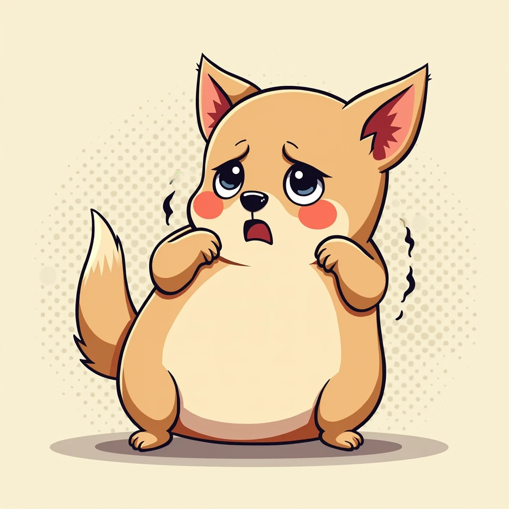 Chibi Style, 2-panel cartoon, dot halftone, Flat Color,Chihuahua having difficulty breathing,Chihuahuas are fat,Suffocating, Tired, Frightened face,