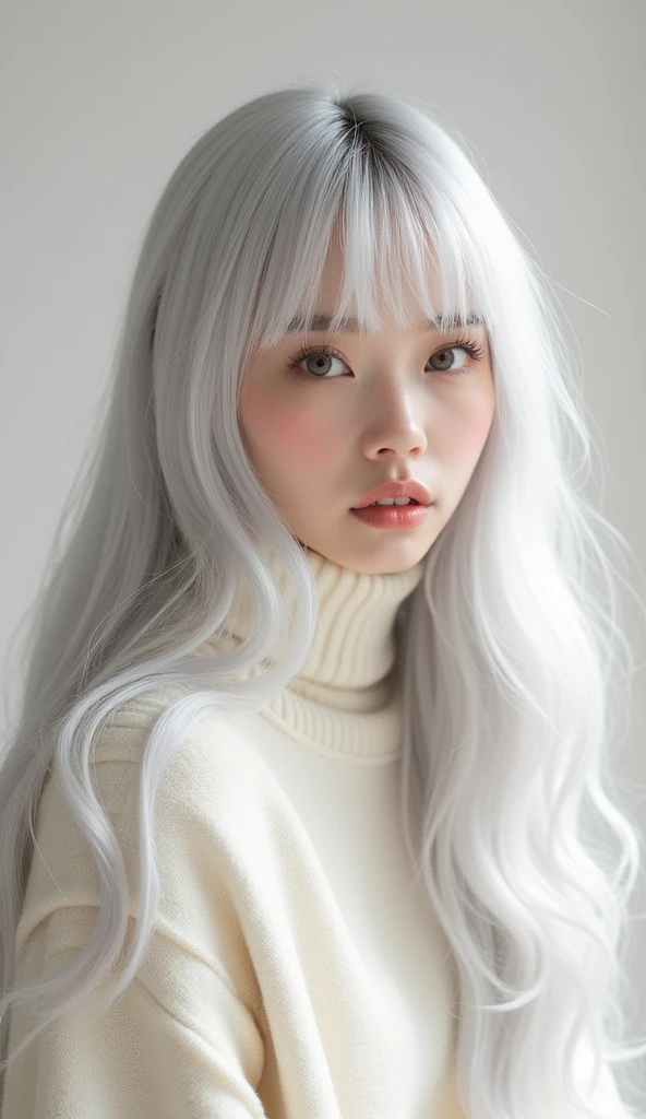 there is a woman with long hair and a white sweater, a pastel by Lü Ji, trending on cg society, rococo, girl Chinese fashion silver hair, ulzzang, long white hair and bangs