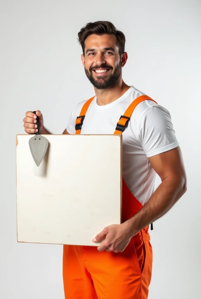 A man in a white T-shirt and orange construction overalls, smiling and holding a 60x60cm square ceramic tile in one hand, in the other hand holds a spatula, Studio Photography, studio lighting, realistic skin texture and detail, the man stands slightly sideways, background white uniform