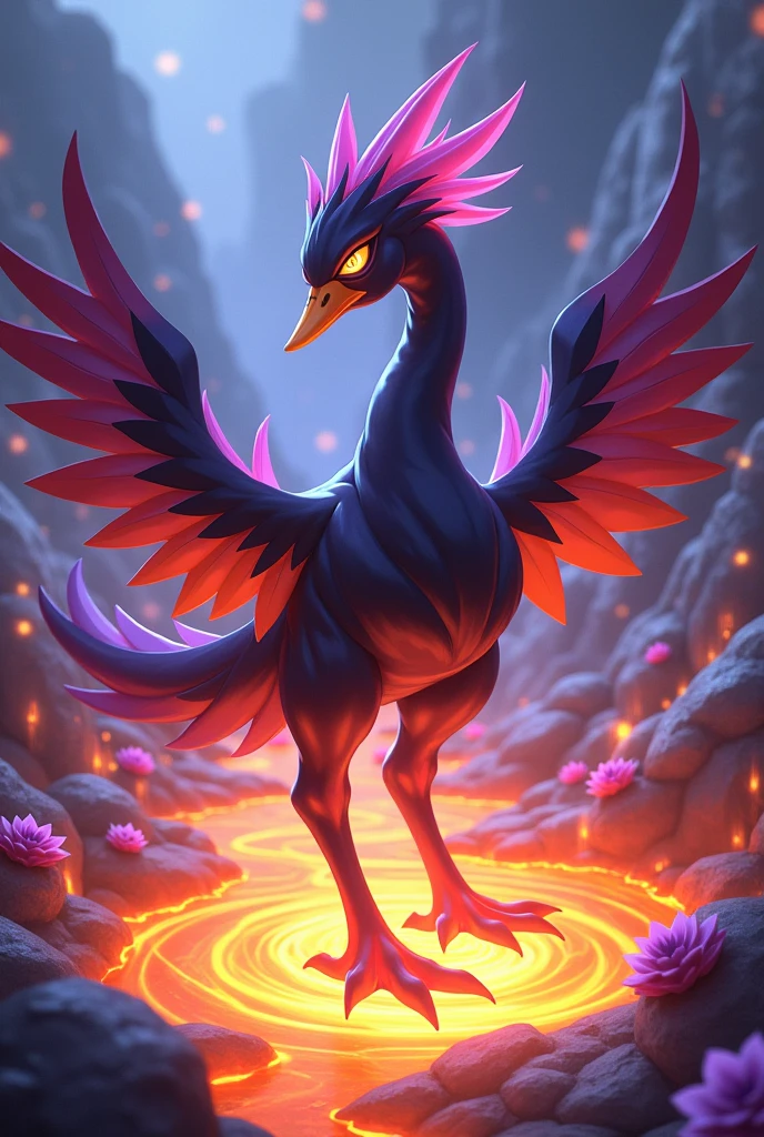 create an anime style pokemon, electric and fire type, inspired by a black swan, with purple and orange colors, elegant, powerful and tender, Located on a lava lake with rocky areas and purple flowers, Digital art, key visual anime y pokemon