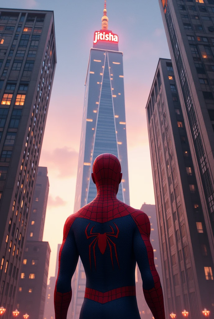 Spiderman looking at the sky at his gf name jitisha Imprinted on top of the highest building