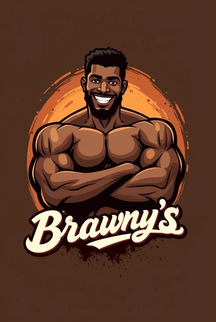 Generates an image about a brownie company logo with the company name being "jhonny brawny's" with a closer approach to dessert with maximum quality. Let the man who comes out be black. 