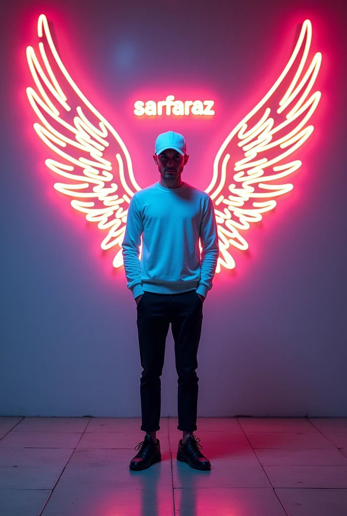 In this striking and futuristic scene, a mysterious individual stands confidently in front of a mesmerizing neon wall. The individual’s casual attire – a white sweater, white cap, black pants, and black shoes – contrasts with the vibrant neon wings in bright yellow, symmetrically placed on either side of the figure. The bold red neon quote “SARFARAZ” adds an inspiring touch to the composition. The floor, made of tiles, reflects the grayish hue of the wall,1 boy