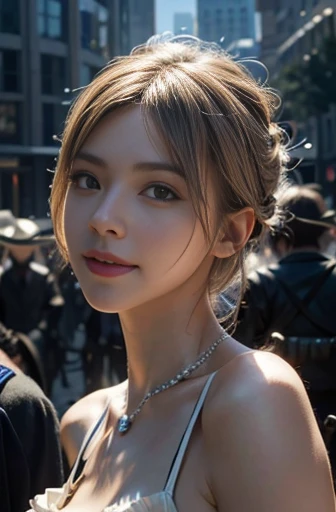 8k, ultra realistic, masterpiece, best quality, ultra detailed, beautiful face, beautiful skin, photorealistic, (professional lighting:1.2), nier_automata, 2B, light smile, pearl necklace, looking at viewer, cowboy shot, focus on face, ultra sharp, on street in business district, ultra detailed photo background, (((with the crowd)))