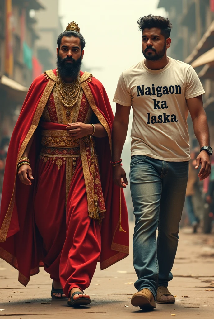 Lord sankat  walking with larg boy ti shirt written naigaon ka ladka
