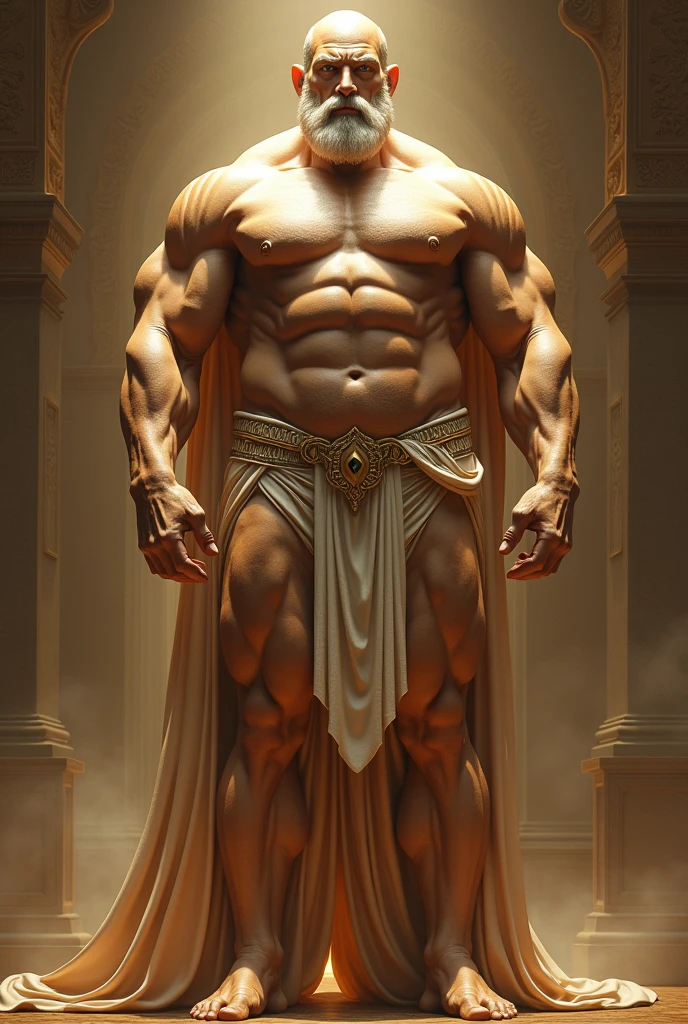 create a greek god physique look base on his 7'11 height and 500lbs weight, 10/10 facial with 100% harmony and 10/10 perfect proportion by bodybuilding golden standards, make it 100% look aesthetically pleasing just like human aesthetics