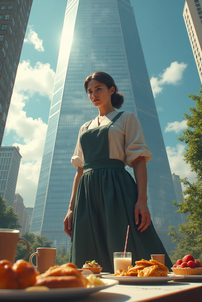 Big, strong, giant girl, has a big mouth standing level with a skyscraper looking forward wearing modest clothes, holding a small rose behind her, many delicious morning foods as humans do, realistic, real, high resolution details, full picture like reality