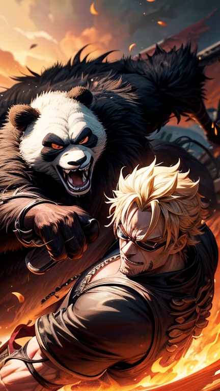 a 3D Kung Fu Panda character,Donquixote Doflamingo,Doflamingo's iconic glasses,highly detailed,photorealistic,dramatic lighting,intricate details,cinematic composition,epic scale,beautifully rendered,hyperrealistic,masterfully crafted,striking pose,intense expression,moody atmosphere,cinematic mood,dynamic composition,vibrant colors,seamless integration,flawless execution