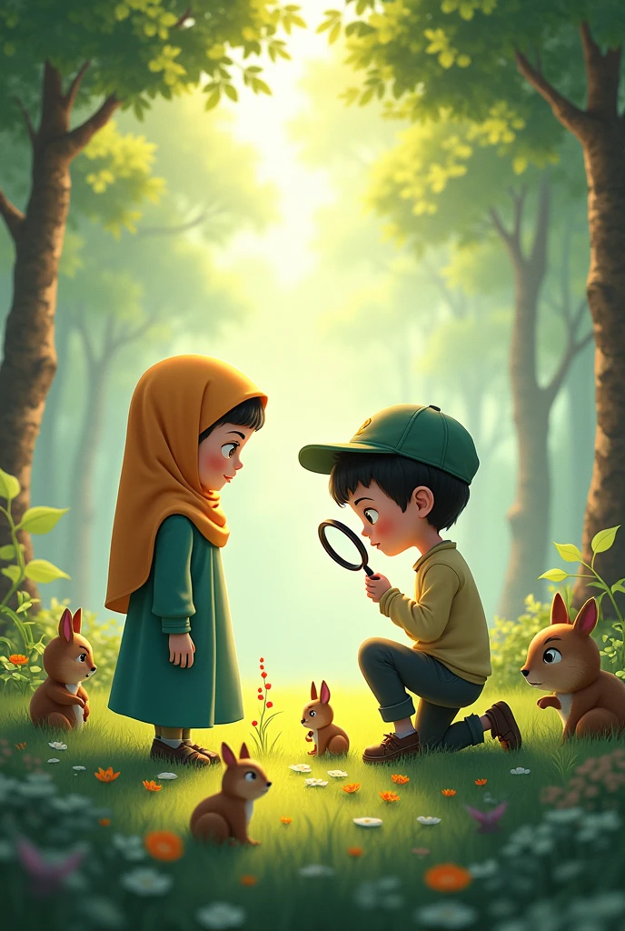 the situation in the forest is lit by sunlight, on the right there is a small boy wearing a cap sitting looking for medicinal plants with a magnifying glass and on the left there is a small girl wearing a hijab looking in the opposite direction, behind them there are various small forest animals looked at them