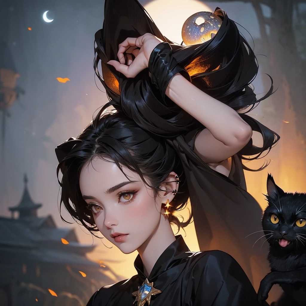 A beautiful witch with amber brown eyes, small slanted eyes, a small mouth, pale skin, a pixiecut shaved black hair, an eyebrow piercing, an ear piercing, dancing, in a nighttime forest, with an owl nearby, mushrooms scattered on the ground, a black cat, a starry sky with a waning moon, dark composition, dark illuminated, witch aesthetic, ethereal colors, intricate details, high quality, masterpiece, dark comic style, 8k resolution, ultra-detailed