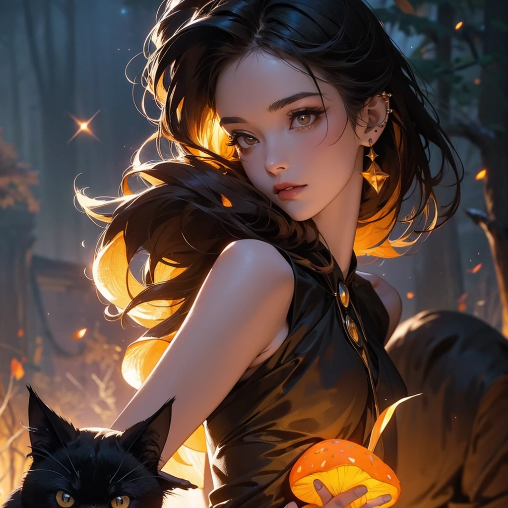 A beautiful witch with amber brown eyes, small slanted eyes, a small mouth, pale skin, a pixiecut shaved black hair, an eyebrow piercing, an ear piercing, dancing, in a nighttime forest, with an owl nearby, mushrooms scattered on the ground, a black cat, a starry sky with a waning moon, dark composition, dark illuminated, witch aesthetic, ethereal colors, intricate details, high quality, masterpiece, dark comic style, 8k resolution, ultra-detailed