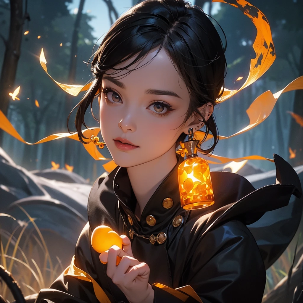 A beautiful witch with amber brown eyes, small slanted eyes, a small mouth, pale skin, a pixiecut shaved black hair, an eyebrow piercing, an ear piercing, dancing, in a nighttime forest, with an owl nearby, mushrooms scattered on the ground, a black cat, a starry sky with a waning moon, dark composition, dark illuminated, witch aesthetic, ethereal colors, intricate details, high quality, masterpiece, dark comic style, 8k resolution, ultra-detailed
