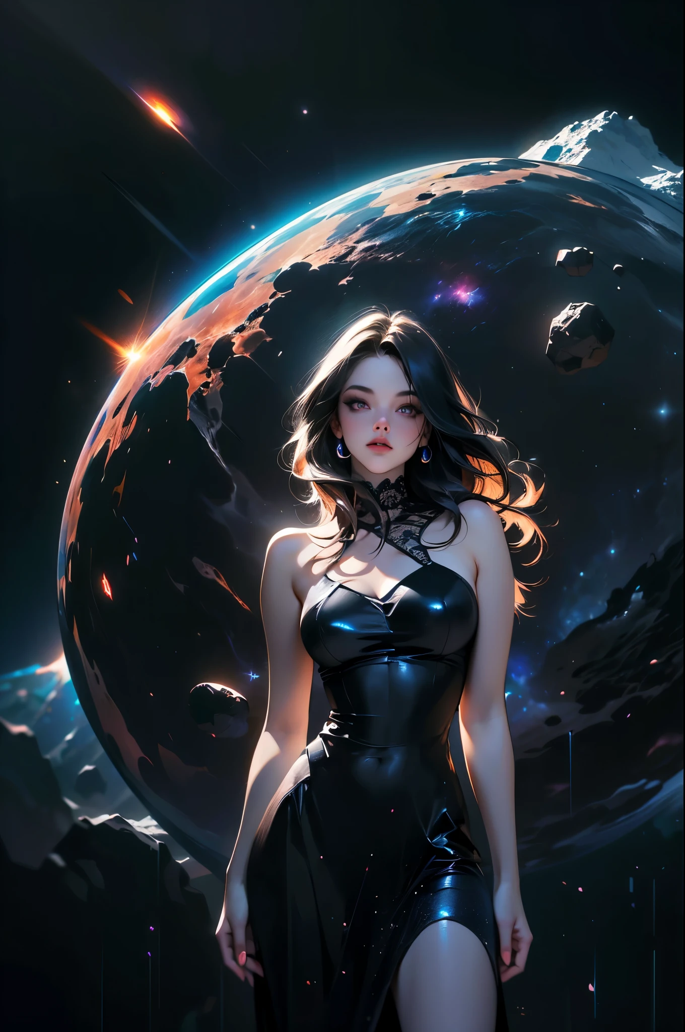 (masterpiece, best quality, highres, high resolution:1.2), extremely detailed, realistic, intricate details, 1girl, solo, looking at viewer, (abstract art:1.3), (dark theme:1.2), art, stylized, deep shadow, dark theme, cosmic dress, cosmic beauty, in space, nebula, (cinematic lighting, bloom, volumetric),