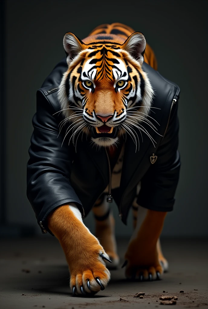 Skinny tiger in black leather jacket