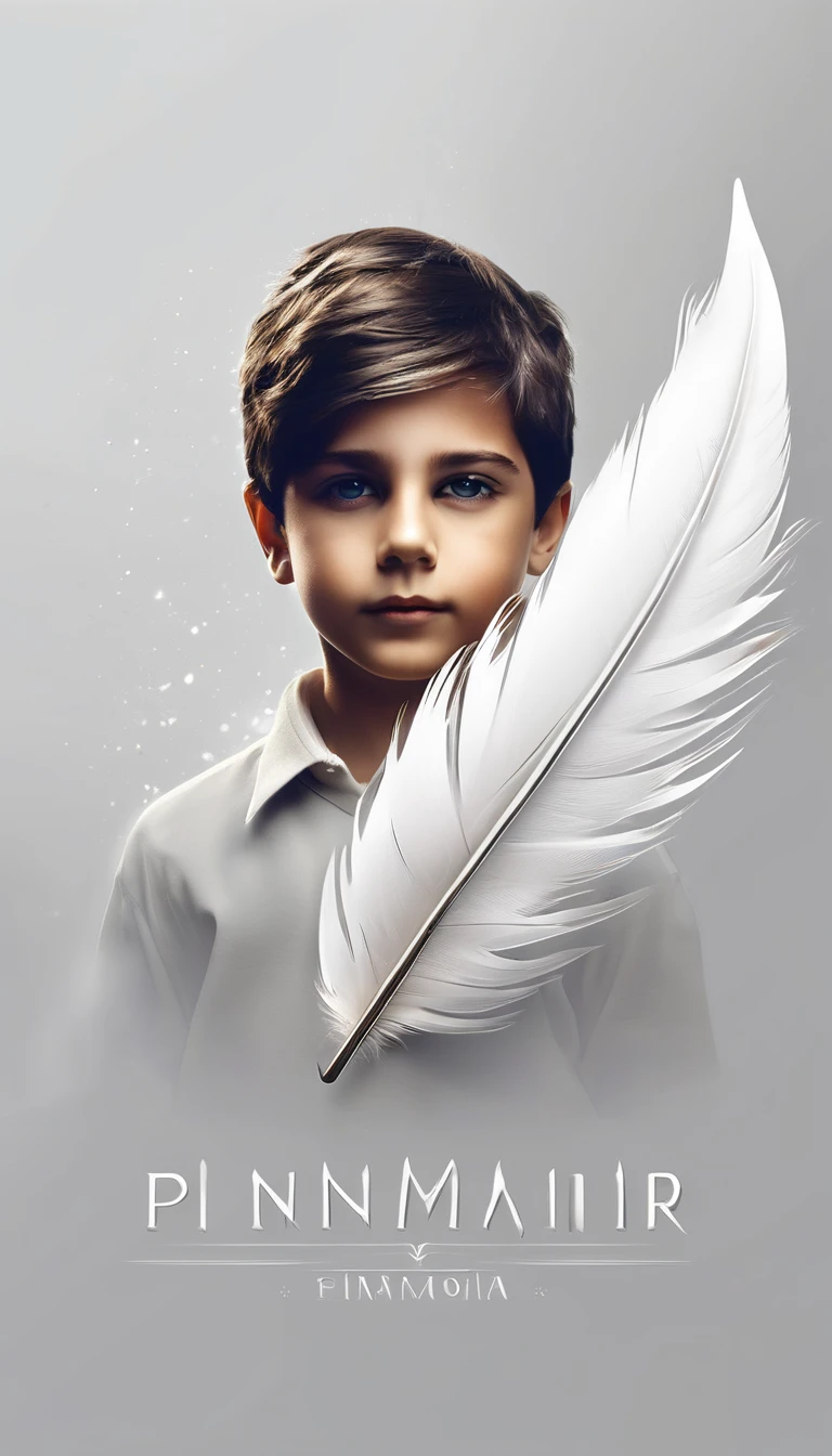 Create a minimal, modern, simple, inspirational, fantastic, poetic, epic, original, memorable, dream like, cinematic logo design of a dreamer boy and a cinematic, memorable white fantastic feather for the brand “Penamemoria". The logo design must convey the artistic, fantastic, epic inspiration of a dreamer boy in a unique, fantasy cinematic white feather.