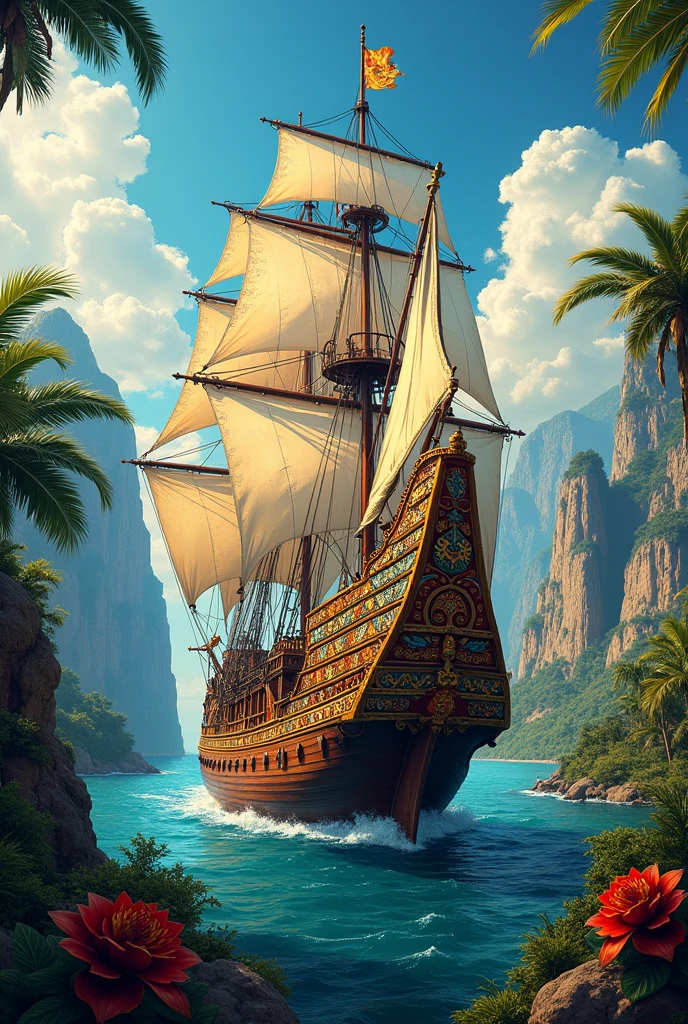 Create me an image of a ship representing the Spanish invasion of America with Panamanian art