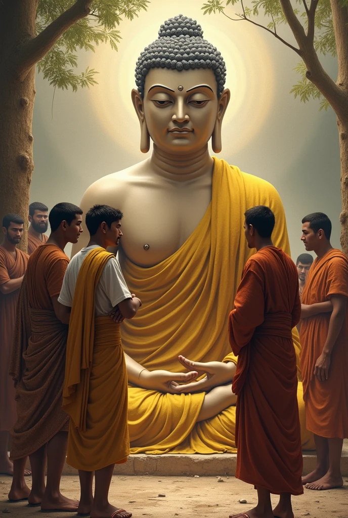  "The stubborn young man, arms crossed, glaring at Gautam Buddha. Buddha is seated, calm and composed, with a serene expression. The villagers stand in the background, watching the interaction."