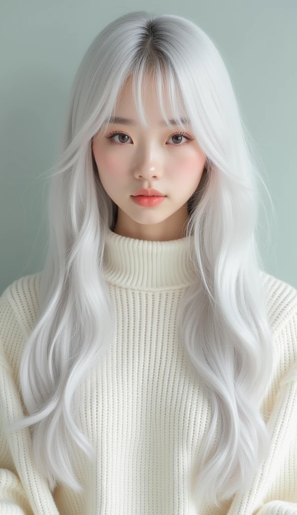 there is a woman with long hair and a white sweater, a pastel by Lü Ji, trending on cg society, rococo,  girl Chinese fashion silver hair, ulzzang, long white hair and bangs