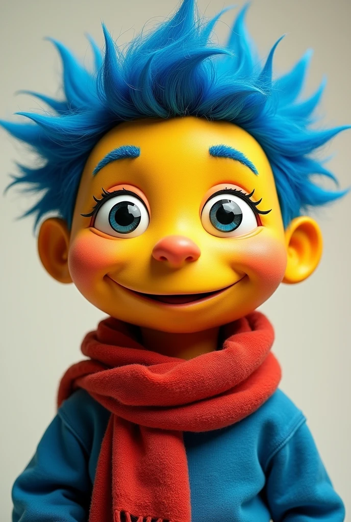 Create an image of a yellow puppet, blue hair, a smile, without eyebrows, is nose, black and slightly large pupils, a red scarf around her neck, blue sweatshirt
