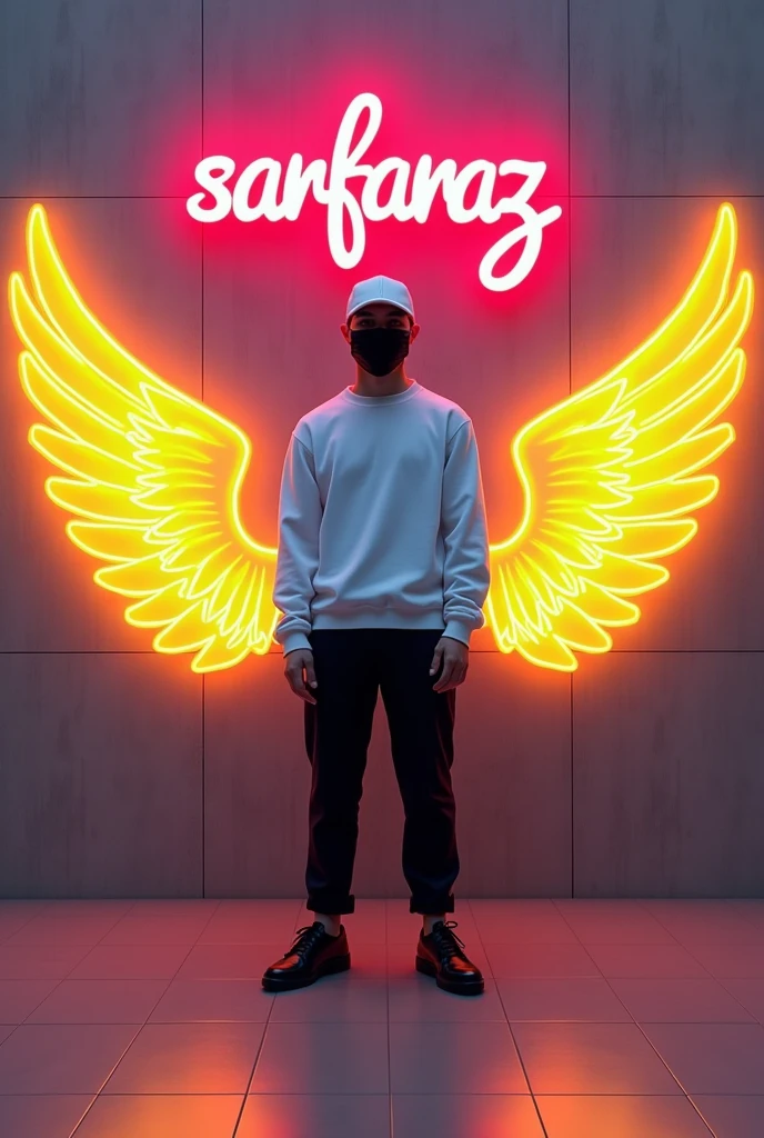 In this striking and futuristic scene, a mysterious individual stands confidently in front of a mesmerizing neon wall. The individual’s casual attire – a white sweater, white cap, black pants, and black shoes – contrasts with the vibrant neon wings in bright yellow, symmetrically placed on either side of the figure. The bold red neon quote “SARFARAZ” adds an inspiring touch to the composition. The floor, made of tiles, reflects the grayish hue of the wall,1 boy. Black mask wear her face.