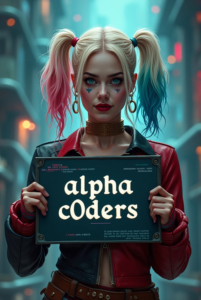 a detailed portrait of Margot Robbie Harley Quinn holding a sign that says "Alpha C0ders" with a background of Python and JavaScript programming themes, highly detailed, photorealistic, cinematic lighting, dramatic composition, digital art