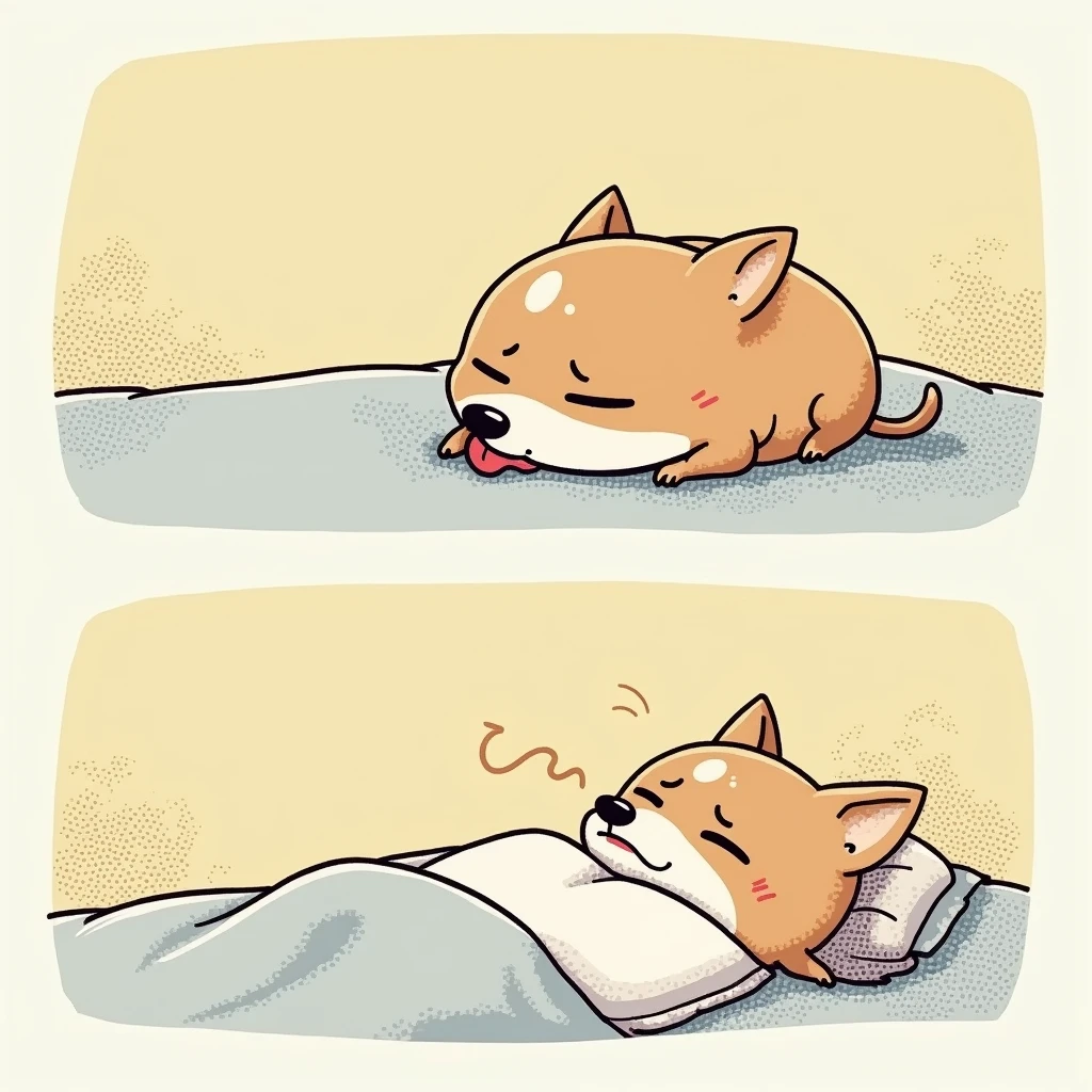 Chibi Style, 2-panel cartoon, dot halftone, Flat Color,Chihuahua having difficulty breathing,Chihuahuas are fat,I am sleeping while snoring.,Difficulty sleeping