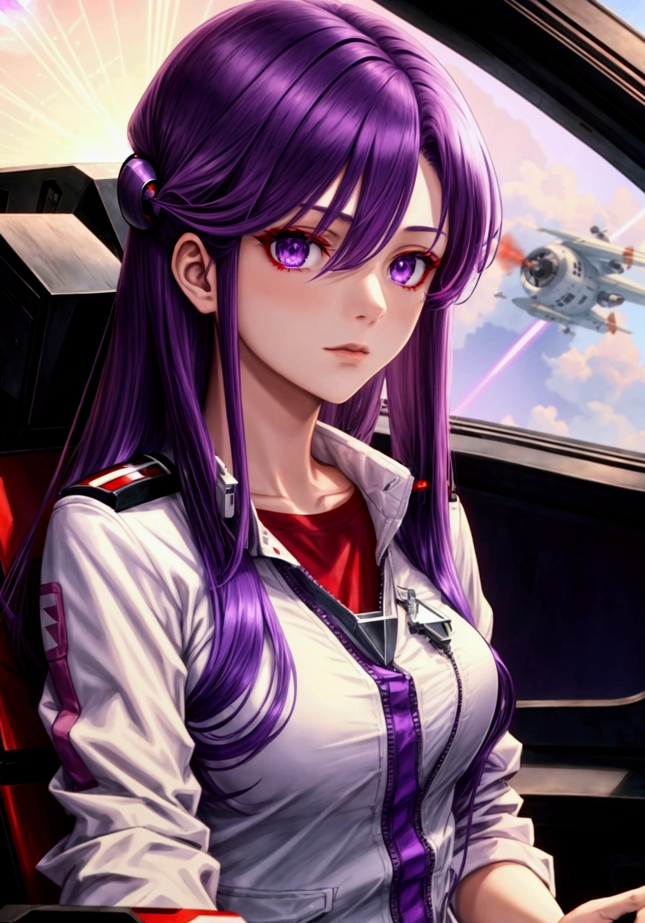 (red plain shirt),(a beautiful and cool girl), (purple eyes), (medium hair), (straight hair), (purple hair), (ace pilot), (science fiction)