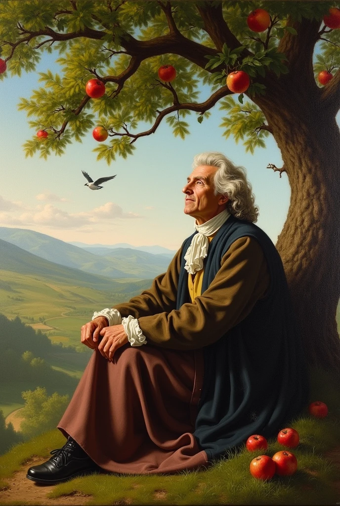 image: Isaac Newton sitting under an apple tree.


