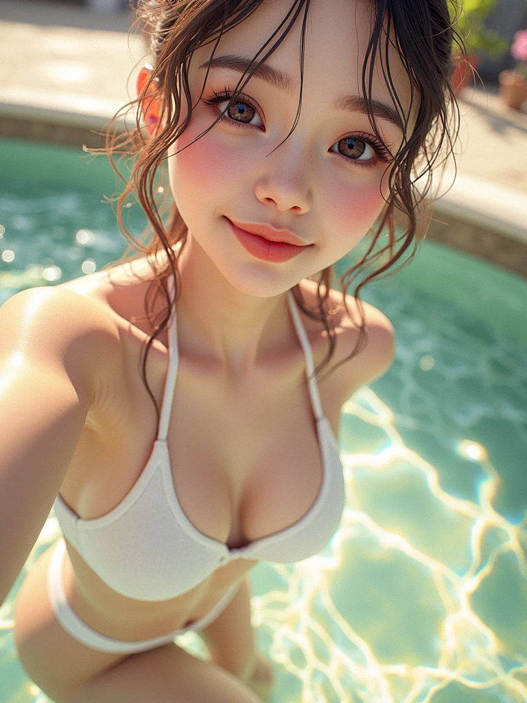 ((masterpiece), (best quality), (high res 8K), (absurdres), on), stunning face, detailed eyes and face, detailed body, shiny skin, detailed skin, (on, naked), half body, (1 girl, late teenage, on), standing, selfie, from front, smile, looking at viewer, pool background, natural lighting, professional lighting