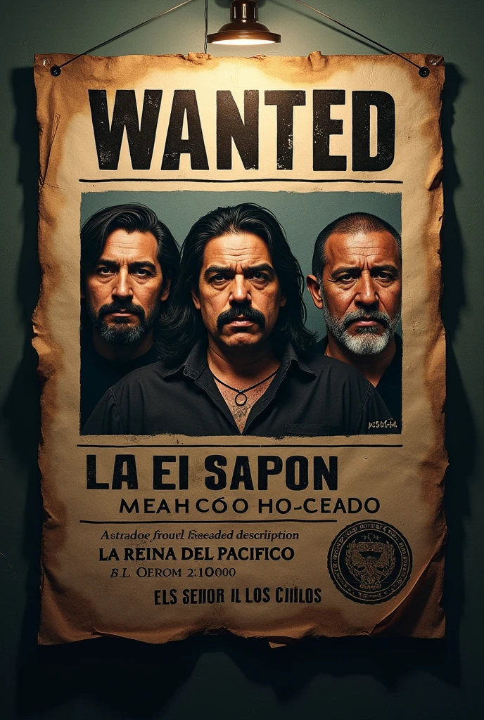 Create the best wallpaper of Mexican drug dealers( El Chapo, May, the lord of the skies, etc...) realist, with his face on a wanted poster