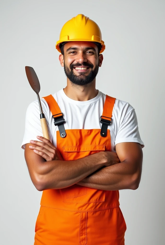 A man in a white T-shirt and orange construction overalls, smiling and holding a construction spatula in his hand, Studio Photography, studio lighting, realistic skin texture and detail, the man stands slightly sideways, background white uniform