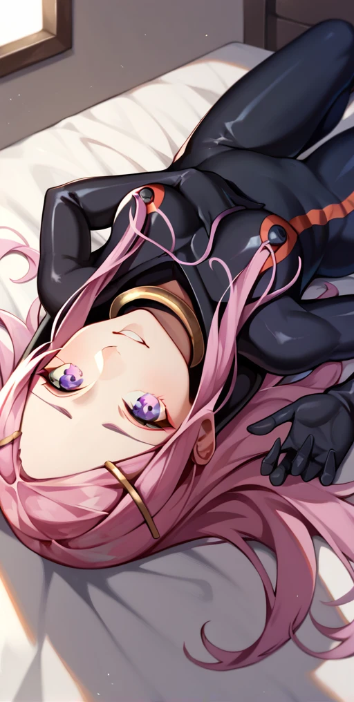 absurdres, uhd, best quality, 16k, Masterpiece, 1girl, solo, AnemoneE7, long hair, pink hair, purple eyes, hair ornament, hairclip, collar, choker, neck ring, black bodysuit, hood, skin tight, single vertical stripe, asymmetrical legwear, laying down, indoors