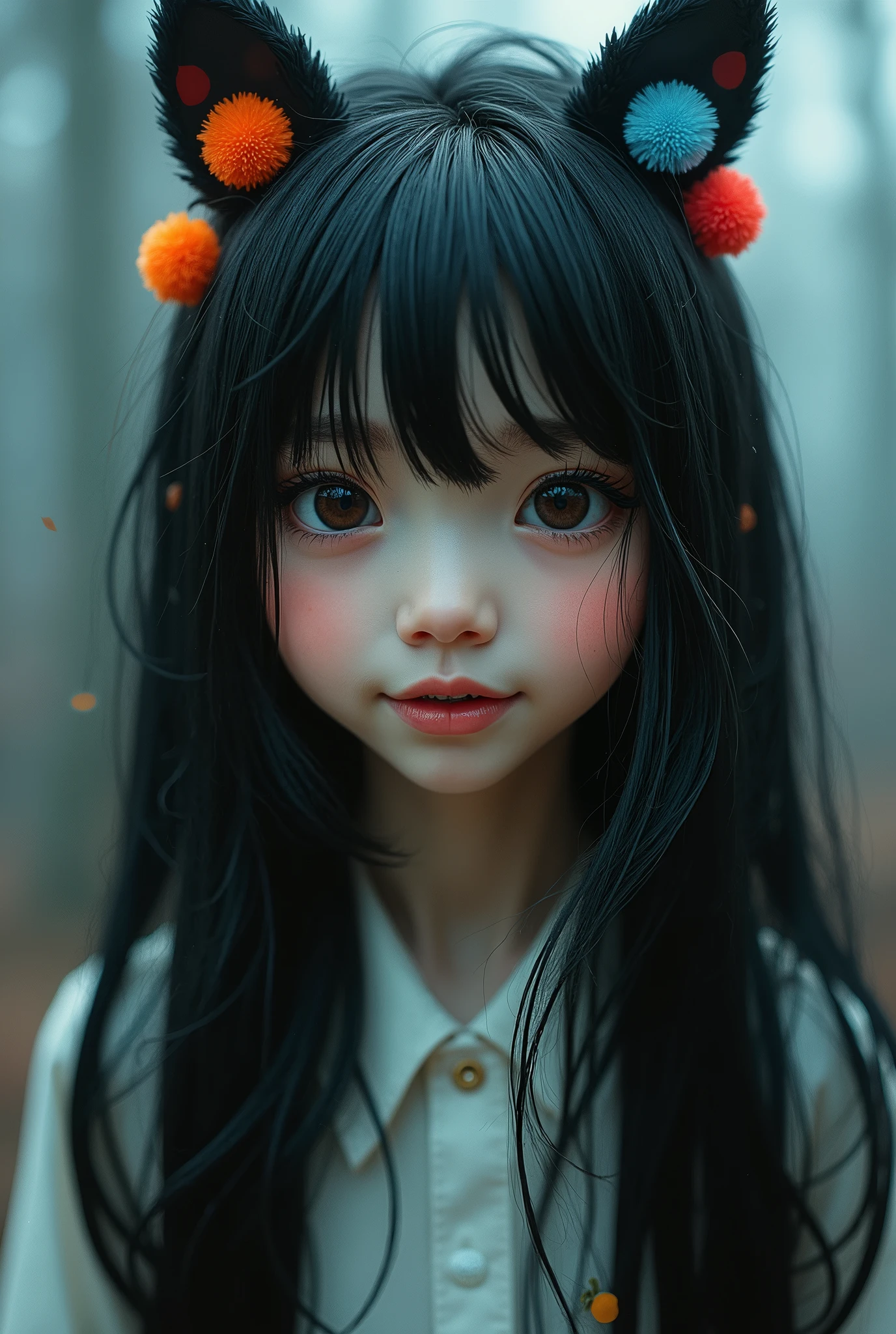 black hair, hair bobbles, wince, longeyelashes, solid circle eyes, fake animal ears, light smile, ear blush, fang, ccurate, Surrealism, drop shadow, anaglyph, stereogram, tachi-e, pov, atmospheric perspective, 8k, super detail, best quality