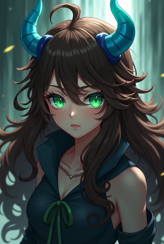 Screenshot of my hero academia girl long curly hair brown hair with orange, blue demon horns and green eyes