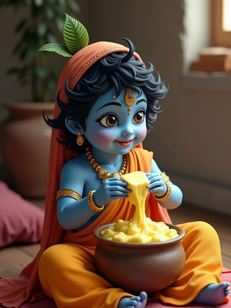 Little lord Krishna with his mischievous smile, eating butter from a pot sitting in Yashoda's lap, blue skin, depth of field, ultra realistic