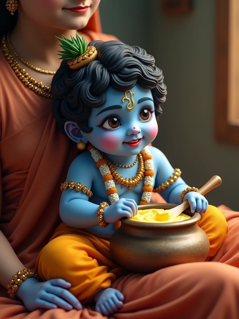 Little lord Krishna with his mischievous smile, eating butter from a pot sitting in Yashoda's lap, blue skin, depth of field, ultra realistic