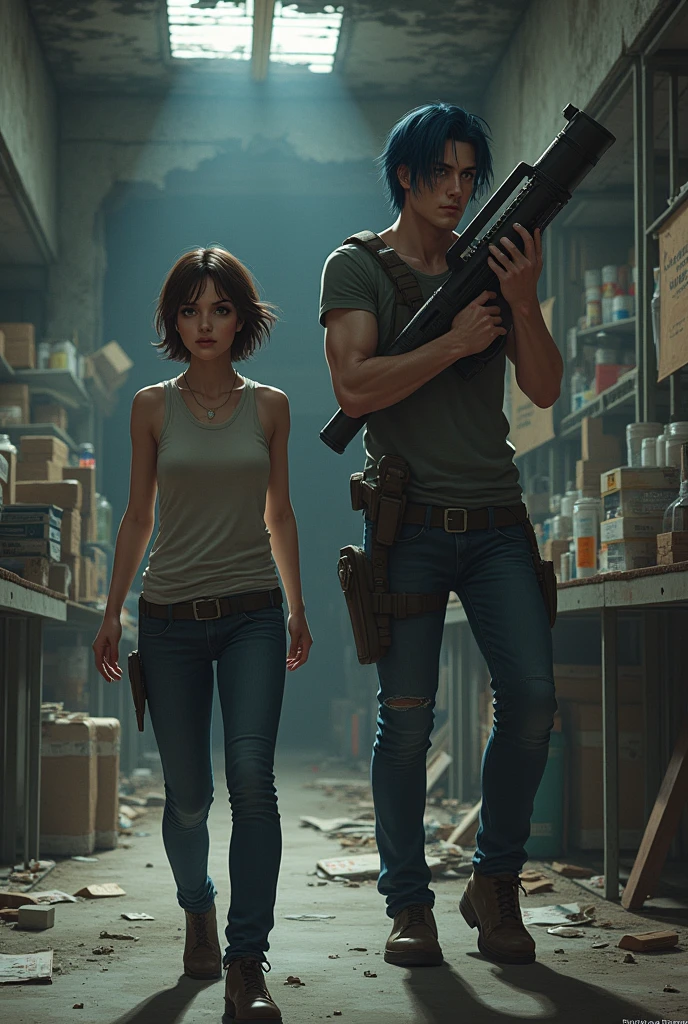 1 woman with short brown hair in an abandoned store with a strong 2 guy with dark blue hair wearing a basuca