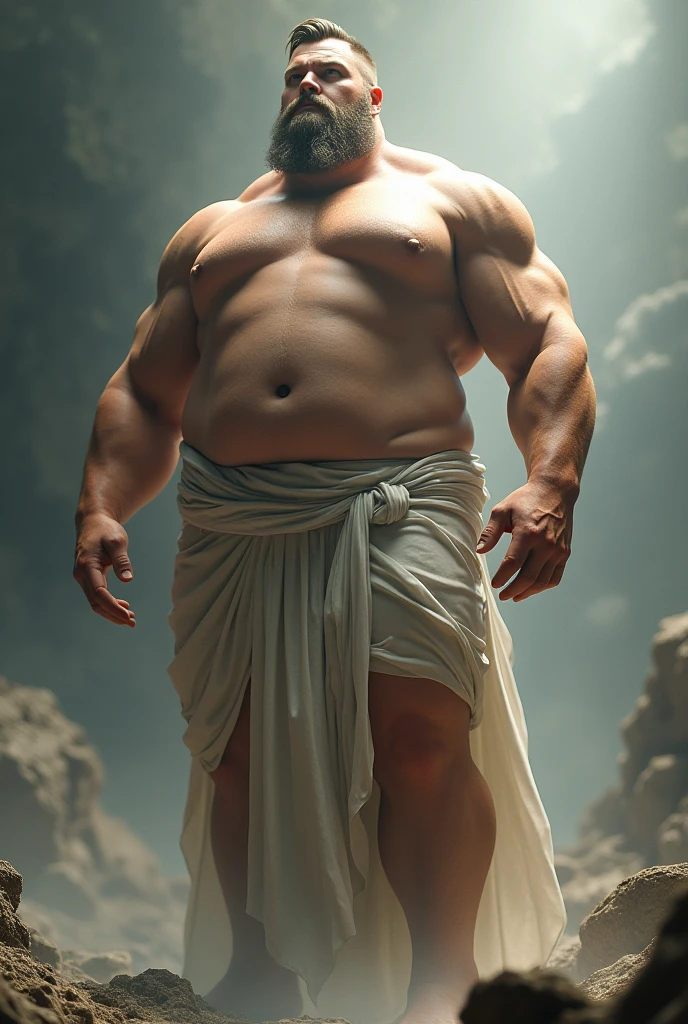 create a greek god physique look base on his tiny waist, 7'11 height and 500lbs weight, 10/10 facial with 100% harmony and 10/10 perfect proportion by bodybuilding golden standards, make it 100% look aesthetically pleasing just like human aesthetics