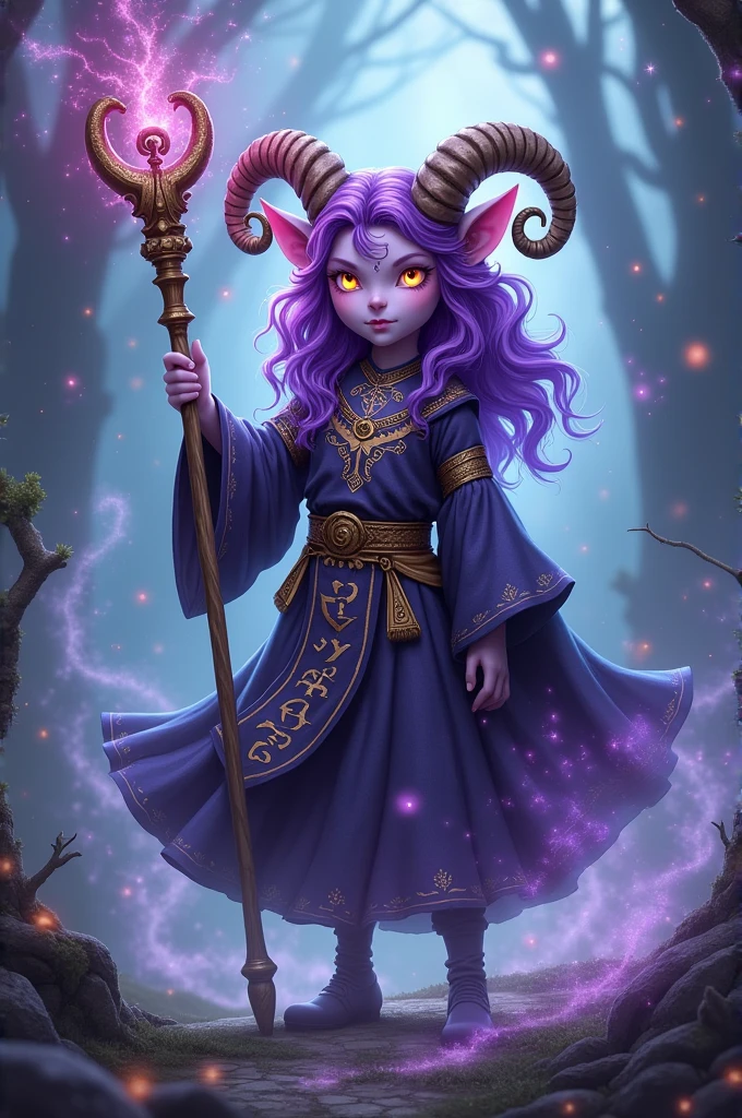 Teafling with sheep horns rune magic mage with purple hair