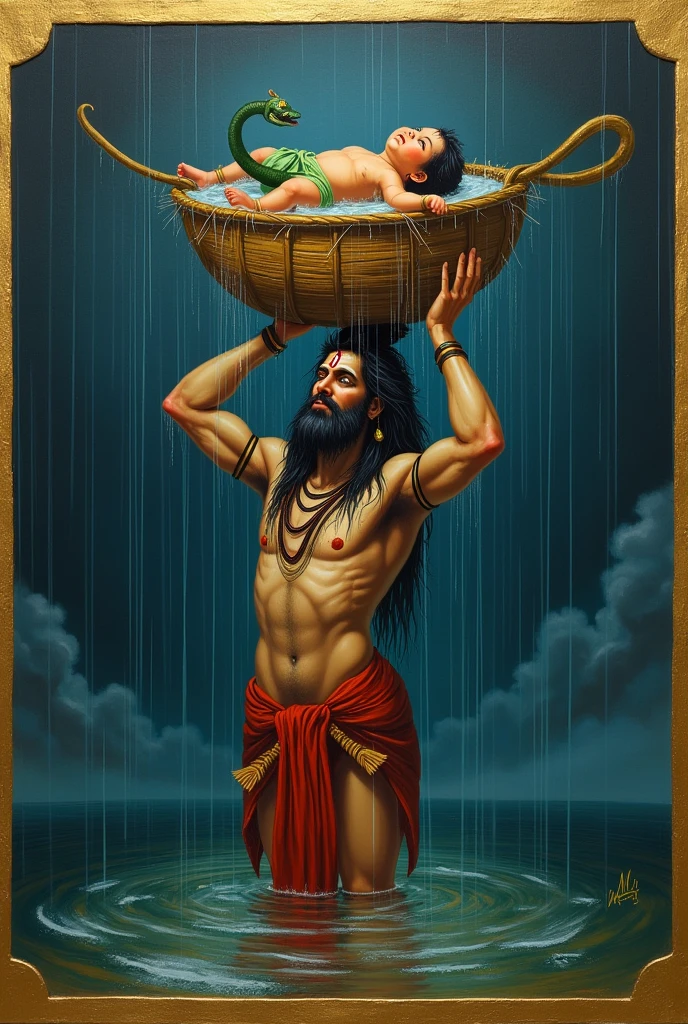The image is a painting of a Hindu deity, Lord Shiva, carrying a baby in a basket on his head. The baby is wearing a green and red outfit and is lying on its back with its eyes closed. A sheshnag casts a shadow over the basket and the rain falls on the baby The basket is made of bamboo and is filled with water. The deity is standing in the water, with his arms stretched out to the sides and his head tilted upwards. He has a long beard and a serious expression on his face. The background is a dark blue sky with a few clouds. The image is framed by a golden border