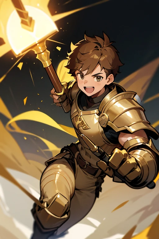 A boy with light brown hair, He has a very athletic and ripped physique and has a GOLDEN HAMMER of attack and defense, and he is very happy and smiling , and have armor