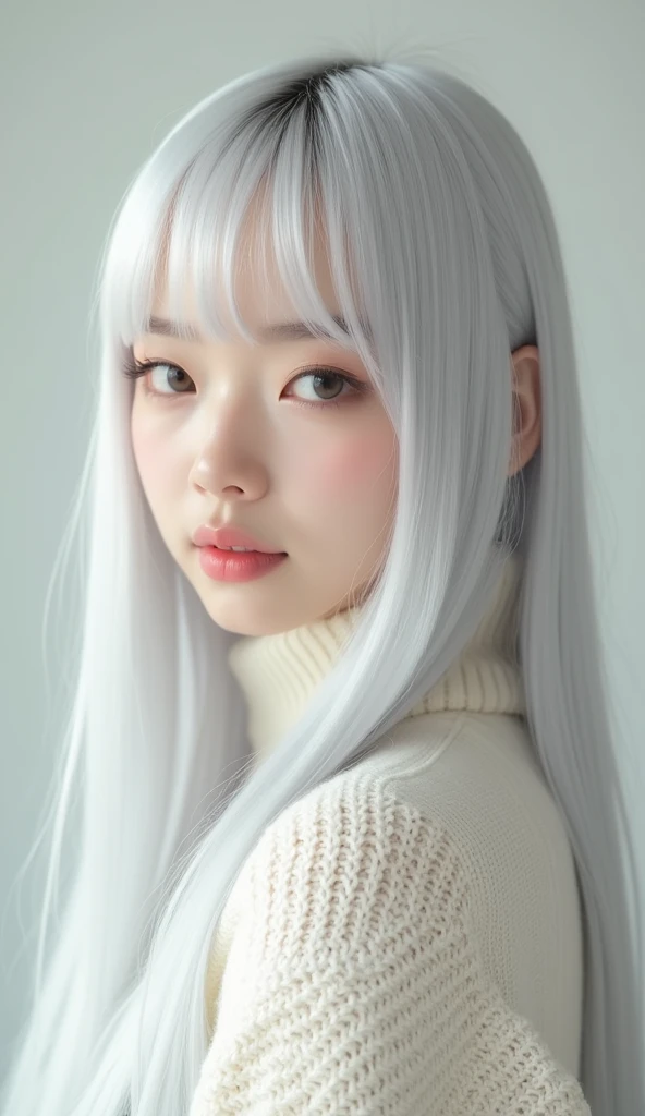 there is a woman with long hair and a white sweater, a pastel by Lü Ji, trending on cg society, rococo,  girl Chinese fashion silver hair, ulzzang, long white hair and bangs