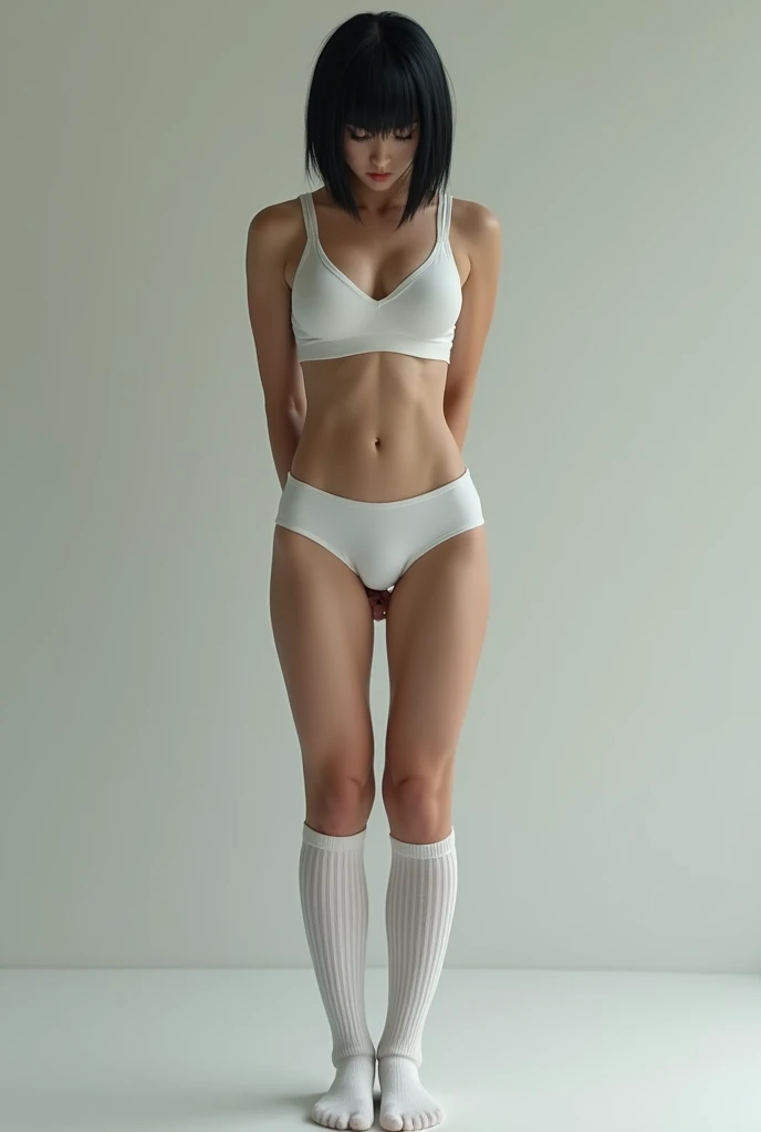 Japanese muscular girl wearing only white underwear White thin ribbed knee-high socks Hands behind back Full body Short Hair Face of hopelessness