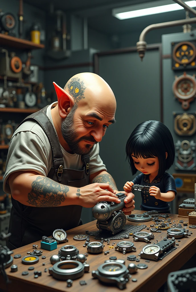 Create a dwarf by building a missile, the dwarf must be bald and have a tattoo with the nuclear symbol on his head a hearing aid. Create a disheveled goth girl playing with LEGO next to the dwarf. They must be in a workshop full of watches. Use your most creative skills to bring this funny image to life.