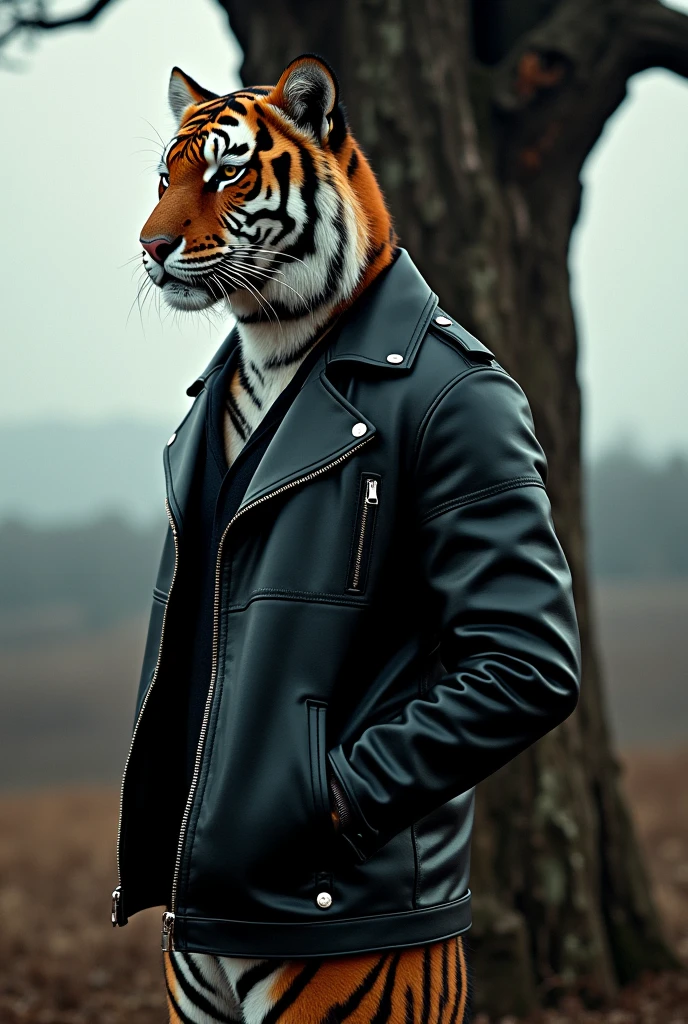 Skinny tiger in black leather jacket leaning against a tree looking at the horizon